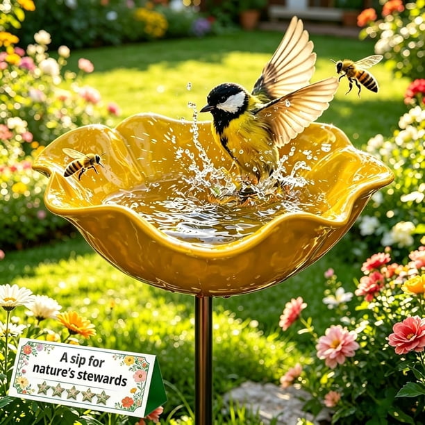 Estaca jardín flor metal hecha mano baño abejas cuenco agua pájaros decoración exterior