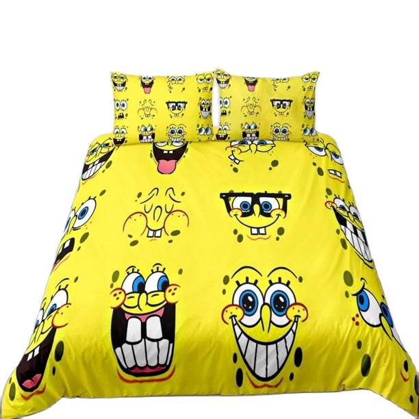 x650 Bed SheetsCartoon SpongeBobed Bedding Set,Sponge-bob print Duvet Cover,Patricks Squidwards Quilt Cover Pillowcase Bed Set For children 3-Piece Bedding Set (1 Duvet Cover + 2 Pillow Shams) nj650