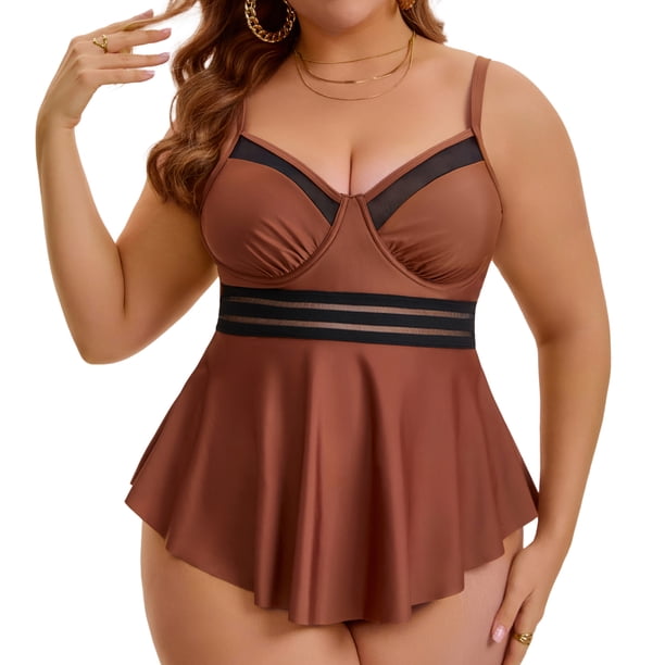 Agnes Orinda Traje de Baño de Dos Piezas para Mujer de Talla Grande para Escuela y Universidad, Conjunto de Tankini con Cuello en V y Shorts, Control de Abdomen Fruncido para Playa y Piscina 4X Café