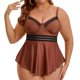 thumbnail image 1 of Agnes Orinda Traje de Baño de Dos Piezas para Mujer de Talla Grande para Escuela y Universidad, Conjunto de Tankini con Cuello en V y Shorts, Control de Abdomen Fruncido para Playa y Piscina 4X Café, 1 of 8
