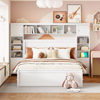 M&Ms - Queen Size Wooden Bed With All-In-One Cabinet, Shelf And Sockets, White