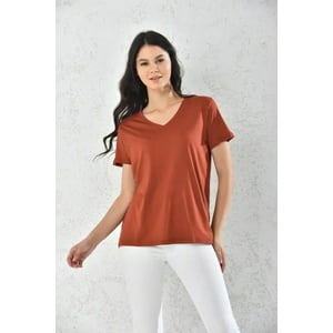 Home Fashion - Polera Mujer Terracota Manga Corta Cuello V Talla S