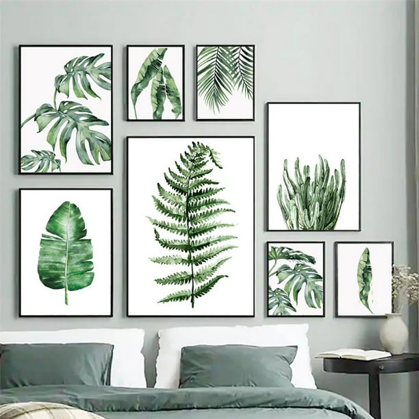 ART ZONE - Póster con impresión artística en lienzo de hojas de plantas tropicales, cuadros de pared de plantas verdes nórdicas, pintura grande para habitación infantil, sin marco