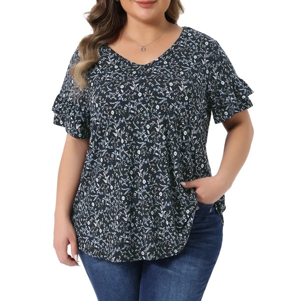 Agnes Orinda Blusas de Verano Casual de Talla Grande para Mujer con Estampado Floral, Cuello en V y Mangas con Volantes 2X Negro