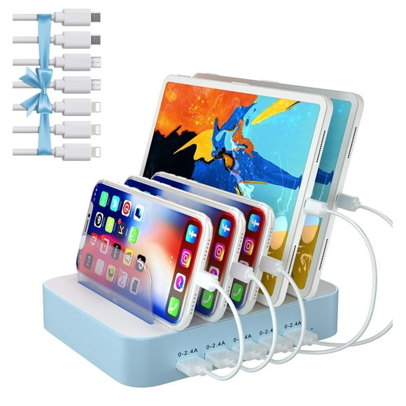Estación De Carga De 5 Puertos Usb A Con 7 Cables Azul
