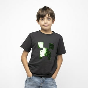 Polera Manga Corta Niño Lentejuelas Negro Minecraft