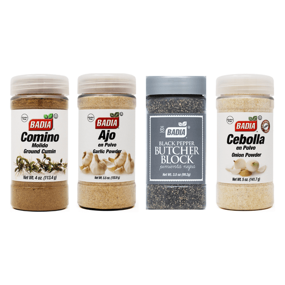 Pack Especias Esenciales de la Cocina – Ajo, Cebolla, Comino y Pimienta Negra