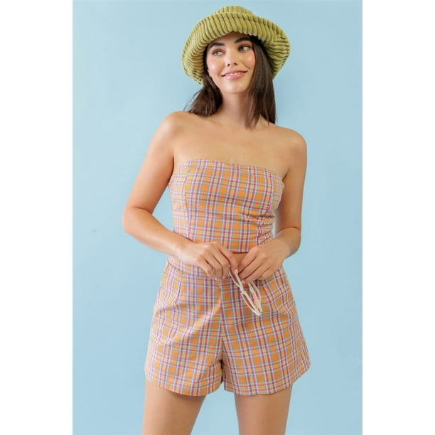 Top Corto sin Tirantes de Algodón con Estampado de Cuadros Naranja y Aguamarina y Cintura Alta con Dos Bolsillos... - S