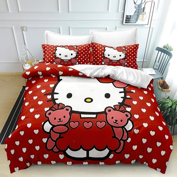 The Anime Quilt Duvet Cover Hello Set Comforter Cover Kitty 3 Pieces Bedding Printed Quilt Cover Set with Pillow Cases Easy Care and Soft Hand Feel Full