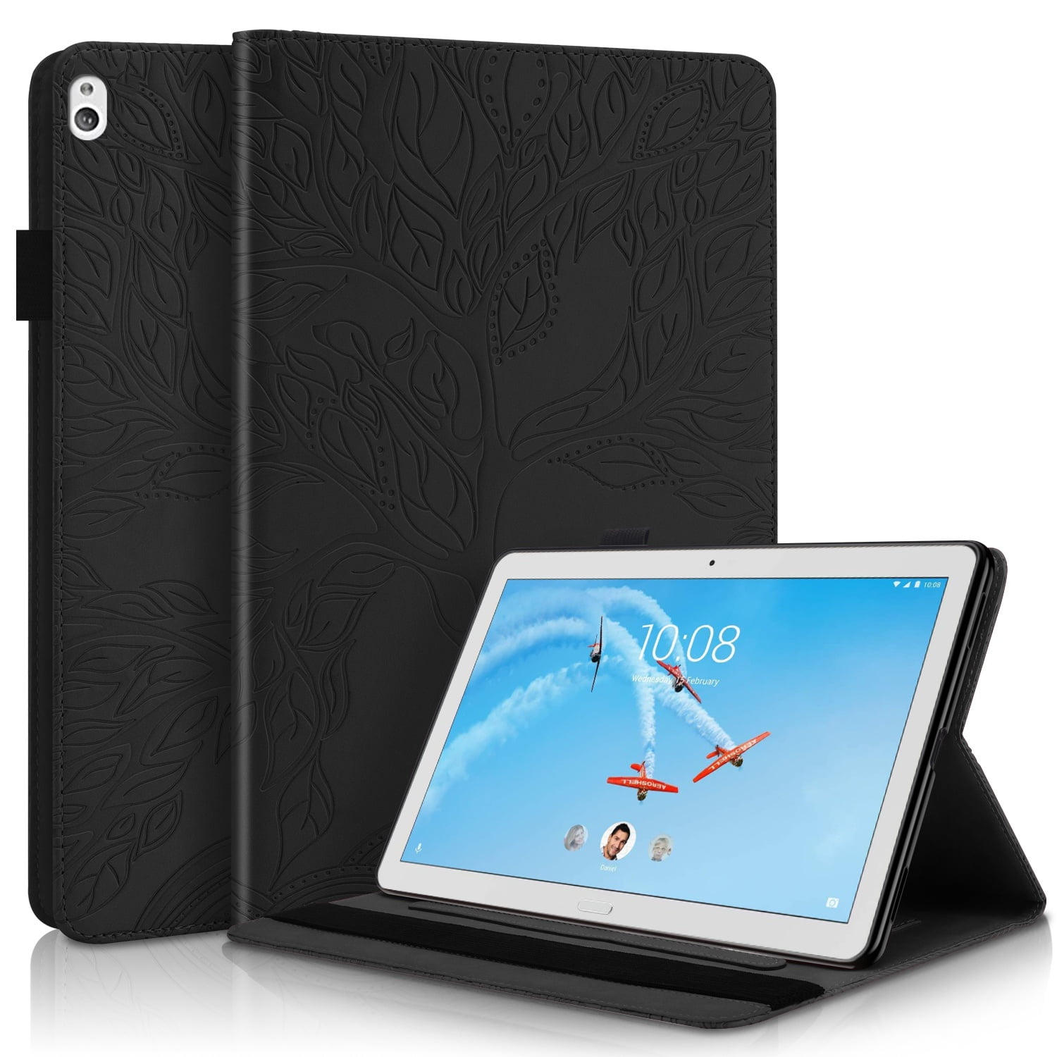 Foxdock - Funda Con Relieve Del Árbol De La Vida Para Tablet Lenovo Tab M10 Con Soporte, Ranuras Para Tarjetas Y Soporte Para Lápiz Óptico. Negro