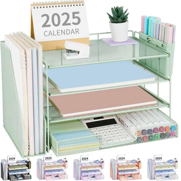 Organizador de escritorio OPNICE de 4 niveles con cajón y 2 soportes para bolígrafos, color verde