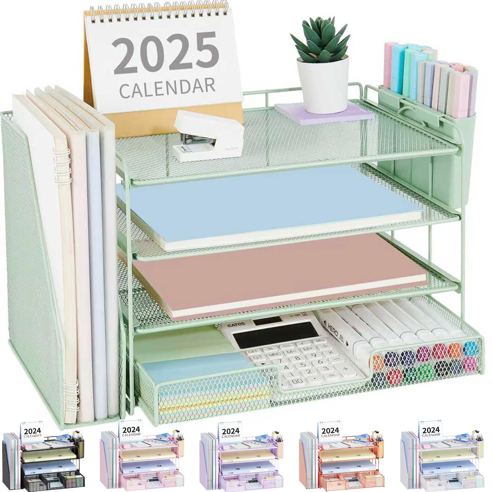 Organizador De Escritorio Opnice De 4 Niveles Con Cajón Y 2 Soportes Para Bolígrafos, Color Verde