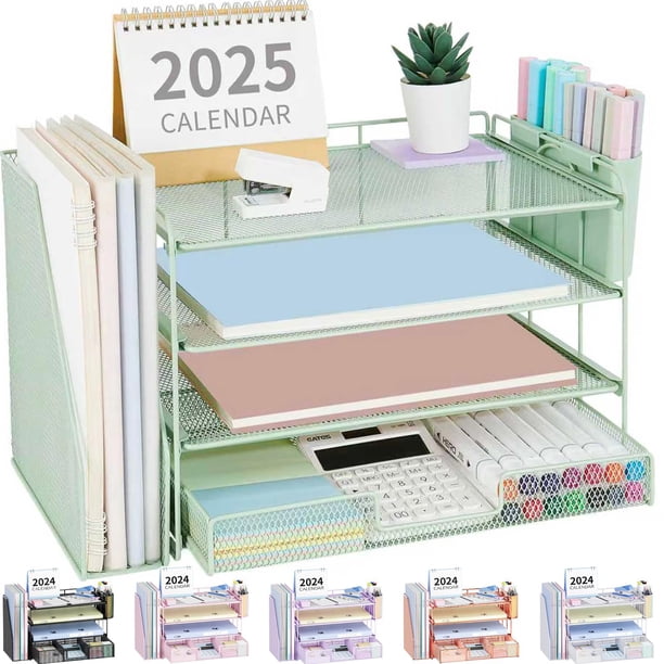 Organizador De Escritorio De 4 Niveles Con Cajón Y 2 Soportes Para Bolígrafos Color Verde