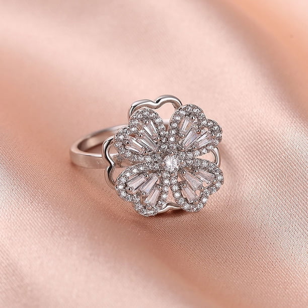 Classic Zircon Heart Four-leaf Clover Ring For Women To Relieve Stress, 360° Rotating Ring, Banquet Wedding Jewelry Accessories, Birthday Gifts For Lovers