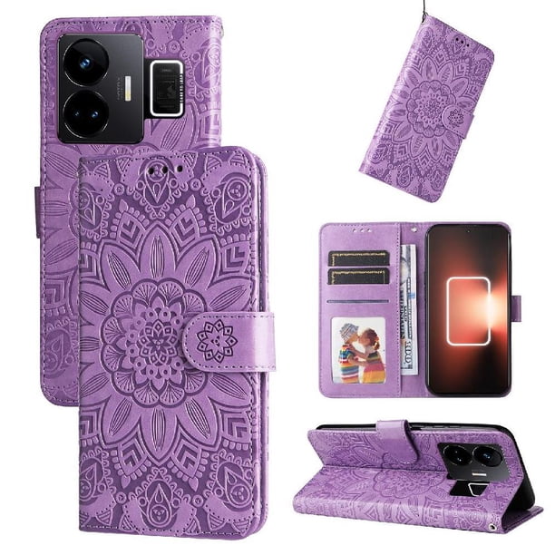 Funda tipo cartera FOXDOCK para Realme GT Neo 5 , diseño girasol en relieve, cuero PU, cierre magnético, soporte y tarjetero