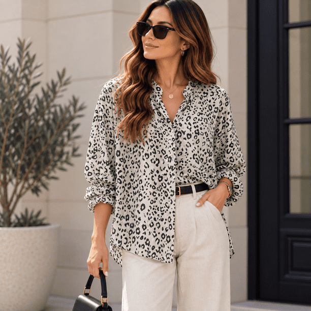 Camisa Gasa Mujer Animal Print Manga Larga blanco Talla Única