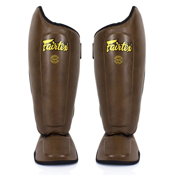 Espinilleras Fairtex SP8 Muay Thai Syntek de piel, color marrón