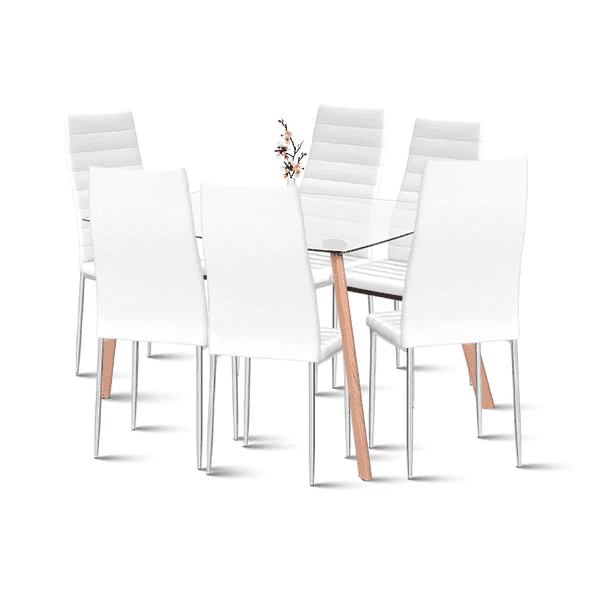 Klik Muebles - Comedor Mesa De Vidrio Rectangular 140x90cm + 6 Sillas Dining Liana Acolchadas - Blancas
