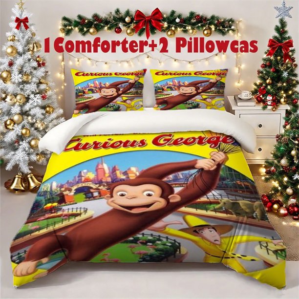 3pcs Curious George Printed Bedding Set Featuring a Soft Duvet Cover And Two Pillowcases