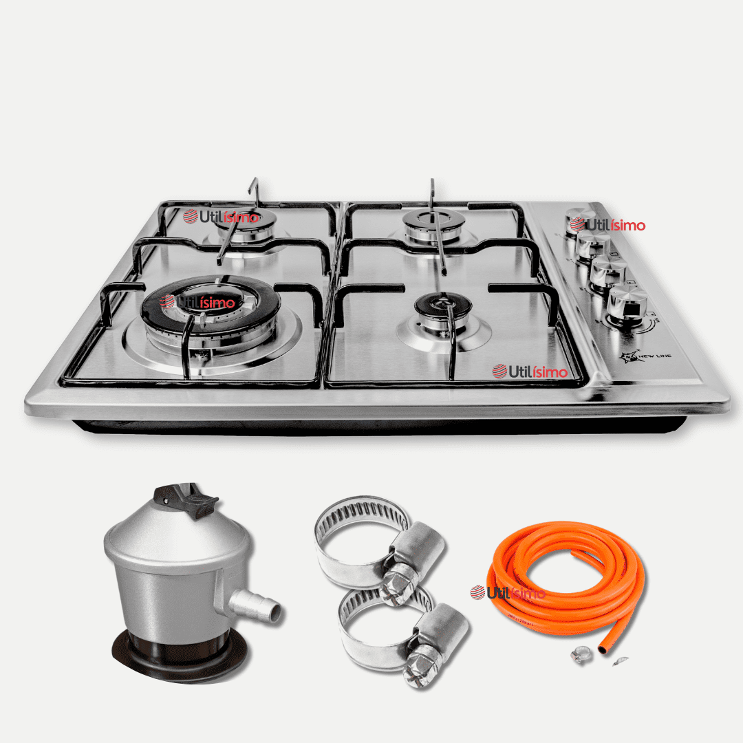 Line - Cocina Encimera A Gas Licuado 4 Platos Acero Inoxidable Premium+kit De Instalación
