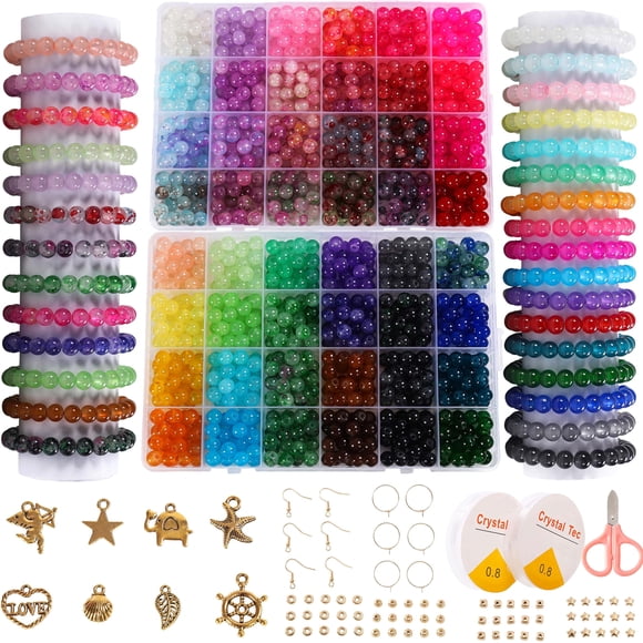 Kit De Fabricación De Pulseras Con Cuentas De Vidrio 1300 Unidades 8 Mm 48 Colores