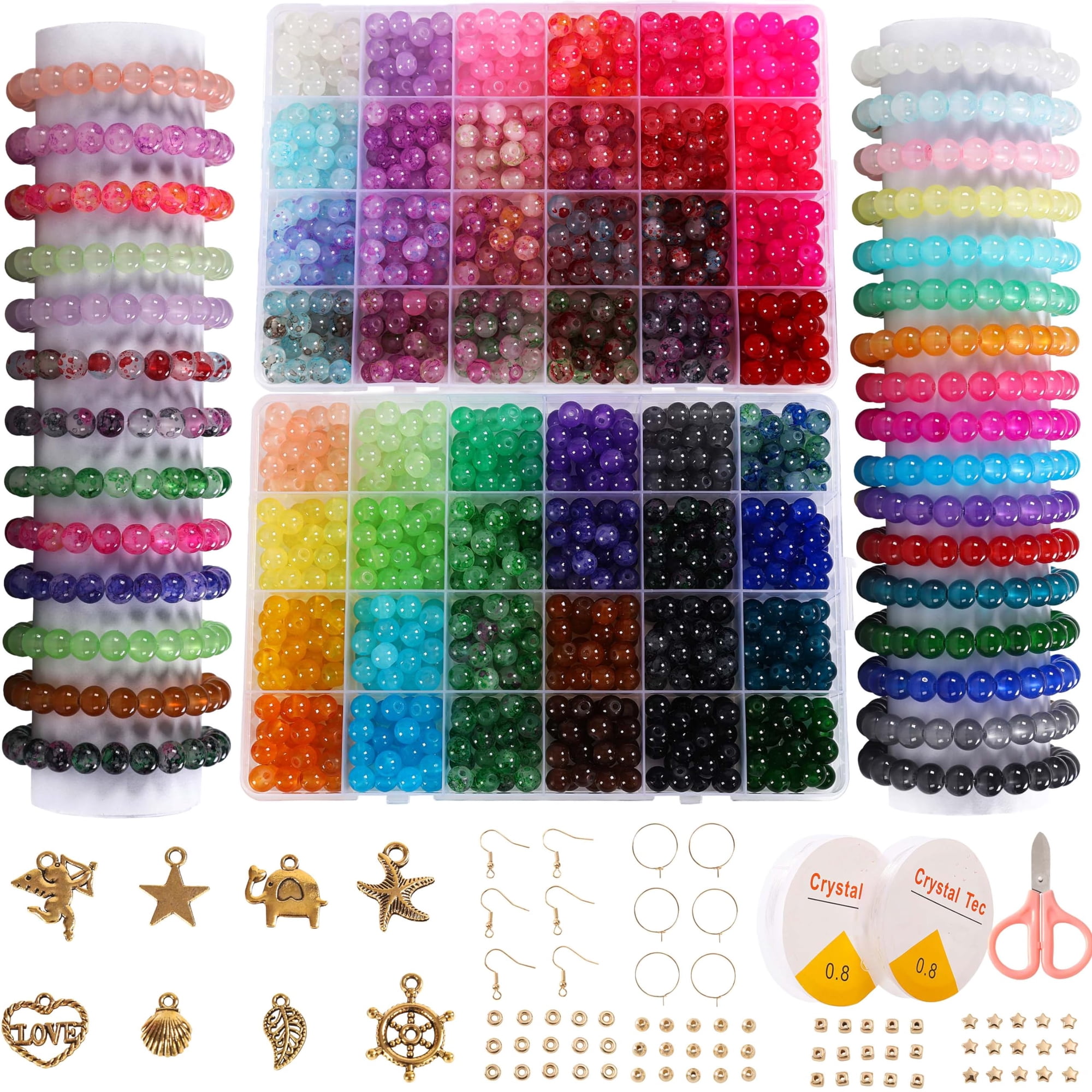 Xjrluk - Kit De Fabricación De Pulseras Con Cuentas De Vidrio 1300 Unidades 8 Mm 48 Colores