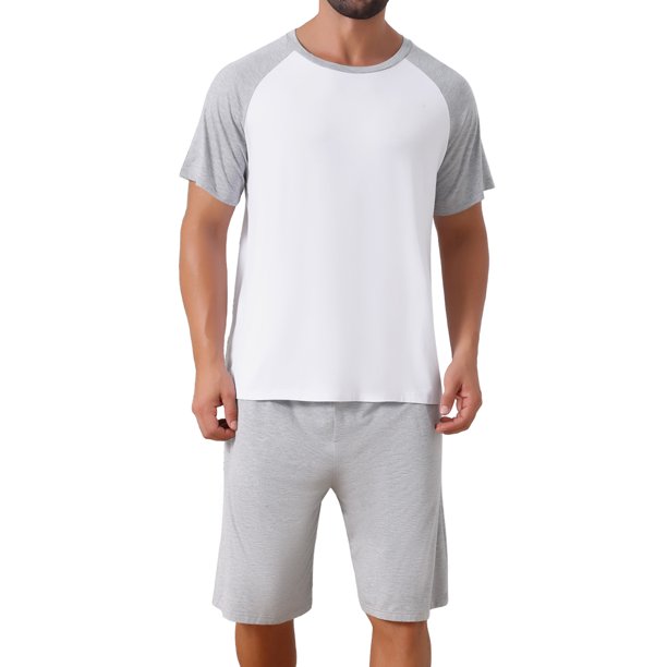 INSPIRE CHIC Conjunto de Pijama para Hombre con Mangas Raglán Cortas, Cuello Redondo y Cordón M Gris Blanco
