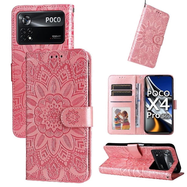 Funda tipo cartera FOXDOCK para Xiaomi Poco X4 Pro 5G , diseño girasol en relieve, cuero PU, cierre magnético, soporte y tarjetero