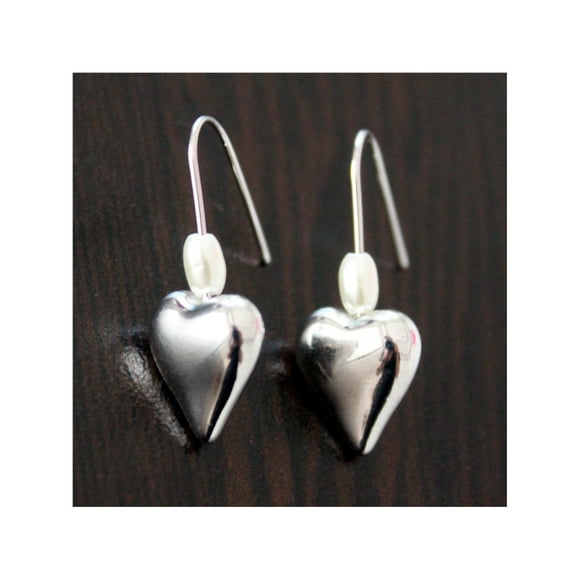Aros Corazon Y Perla Colgantes Acero Color Plateado