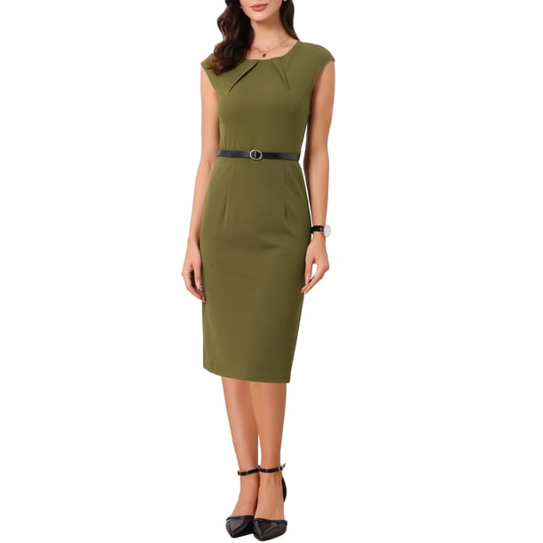 INSPIRE CHIC Vestido Elegante de Mujer con Mangas Cortas y Cinturón para Trabajar, Vestido Tubo Verde Militar M