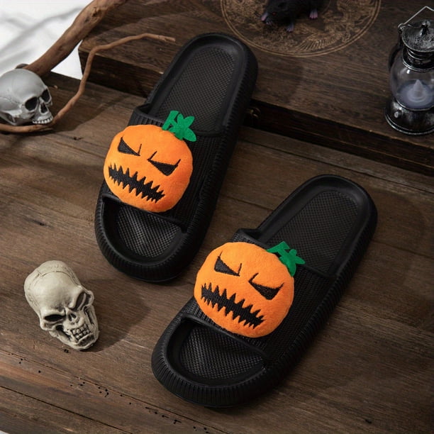 Women's Fashion Pumpkin Face Decor Slippers, Casual Solid Color Faux Leather Pillow Slippers, Trendy Halloween Shoes