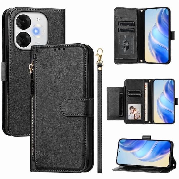 Funda Tipo Billetera para ITEL A80 4G con Cremallera Portatarjetas Soporte Correa de Muñeca Cuero Negro