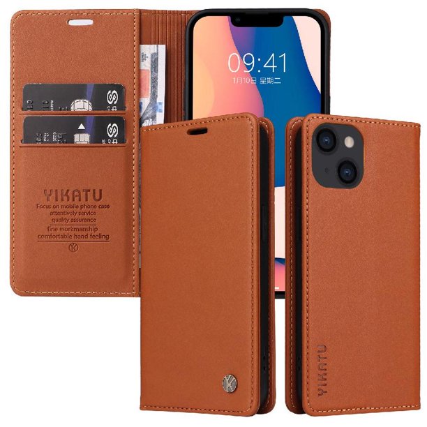 Funda Billetera de Cuero para iPhone 14 con Tarjetero y Soporte - Tapa Magnética Marrón