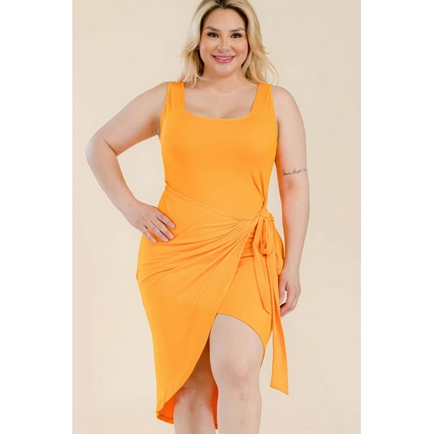 Saronite Vestido Midi Básico Cruzado sin Mangas con Lazo Frontal, Color Tangelo (Talla Grande para Mujer)
