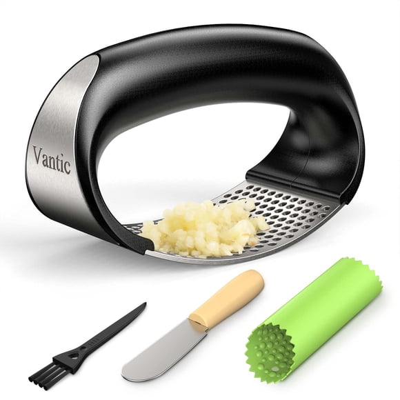 Prensa de ajo Vantic Rocker de acero inoxidable con pelador y raspador