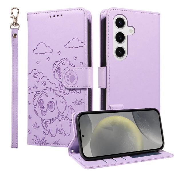 Funda Cartera para Samsung Galaxy S24 Perro Cachorro Grabado con Tarjetas Soporte Correa Morado