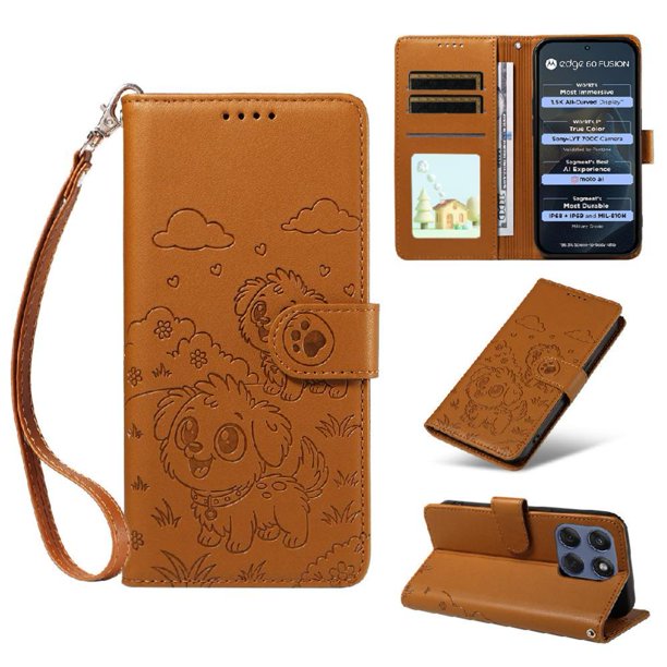 Funda Cartera para Motorola Edge 60 Pro 5G Perro Cachorro Grabado con Tarjetas Soporte Correa Marrón