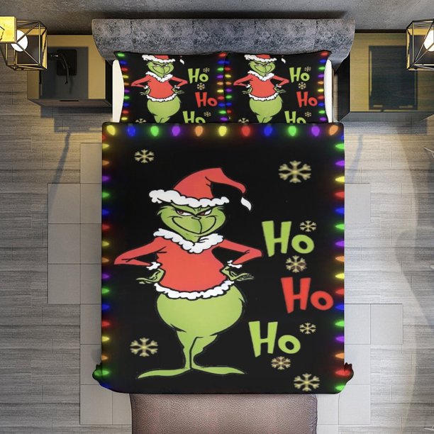Comforter Set Queen Size Christmas Grinch Set with 2 Pillowcases for All SeasonsBedding Set 3pcs for Kids Boys Girls Bedroom Decor Bed Sheets