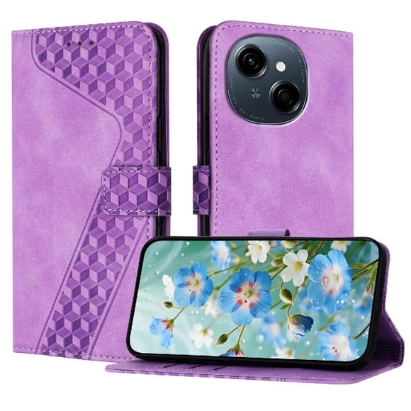 Funda tipo cartera para INFINIX HOT 60i 5G con tarjetero, bolsillo para billetes, soporte, cierre magnético y correa para la muñeca, funda tipo folio con textura geométrica morado