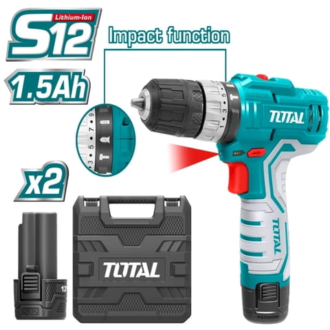 Total - Taladro Percutor Inalambrico 12V - 2 Baterías - 1 Cargador + Maleta