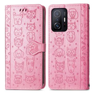 Funda Cartera Foxdock Para Xiaomi 11T Pro , Flip Pu Con Relieve De Gatos Y Perros, Tarjetero Y Soporte