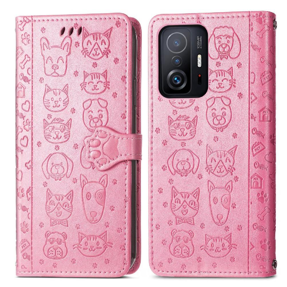 Funda Cartera Foxdock Para Xiaomi 11T Pro , Flip Pu Con Relieve De Gatos Y Perros, Tarjetero Y Soporte