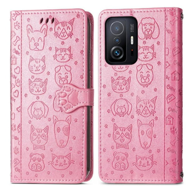 Funda Cartera FOXDOCK para XIAOMI 11T Pro , Flip PU con Relieve de Gatos y Perros, Tarjetero y Soporte