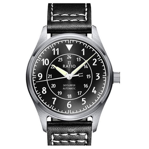 Reloj Ratio Skysurfer Pilot Automático con Esfera Negra Sunray y Correa de Cuero RTS314 200M para Hombre