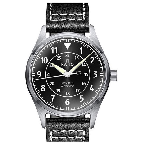 Reloj Ratio Skysurfer Pilot Automático con Esfera Negra Sunray y Correa de Cuero RTS314 200M para Hombre