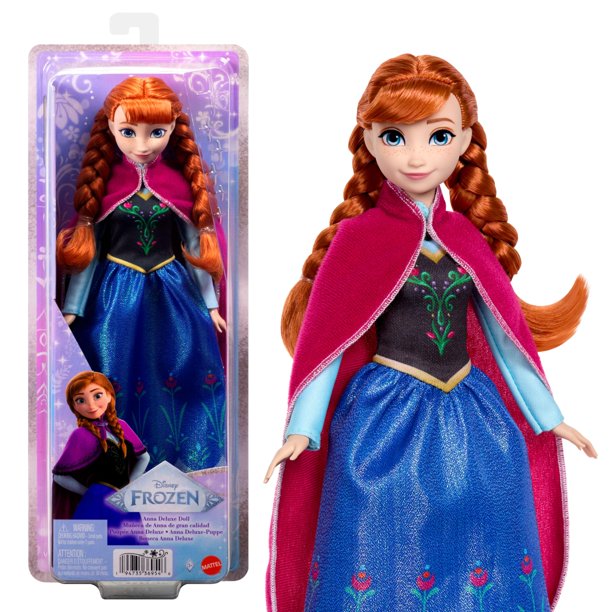 Muñeca de moda Anna de Disney Frozen de Mattel con vestido removible brillante, capa, botas y cabello trenzado, articulada y coleccionable, inspirada en la película