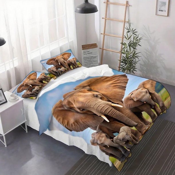 3pcs African Elephant Family Walking in the Savannah Pattern Duvet Cover Set - 3pcs Bedding Set Duvet Cover + Pillowcases