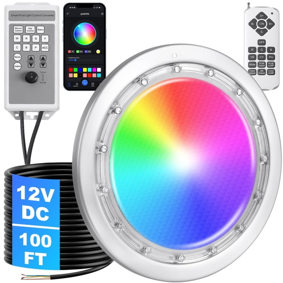 Luz para piscina FixOasis LED RGB de 10" y 60 W, 12 V, control por app y control remoto