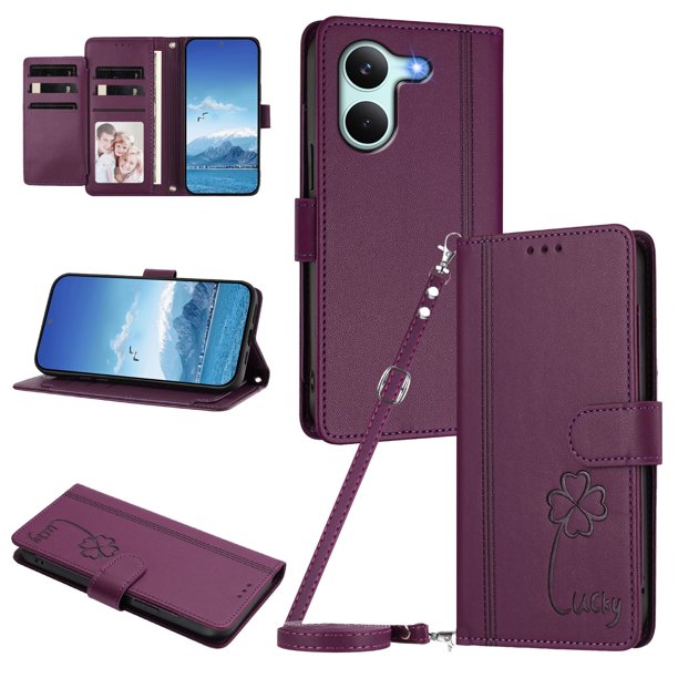 Funda Cartera Trébol para Xiaomi Poco X8 Pro con Ranuras Tarjetas y Carga Inalámbrica Violeta