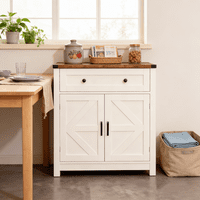 M&Ms - White & Wood-Grain Top Farmhouse Barn-Door Storage Cabinet, Coffee Bar Buffet Sideboard With Drawer For Kitchen & Living Room